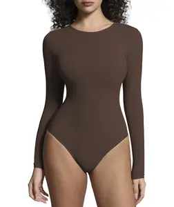 Mobeso Women's Crew Neck Long Sleeve Bodysuits Double Lined Body  T Shirts Basic Top Fall Winter Outfit Bodybodysuit Minimalist Crewneck Trendy Womenswear bodysuit shapewear perfect suit fajas woman