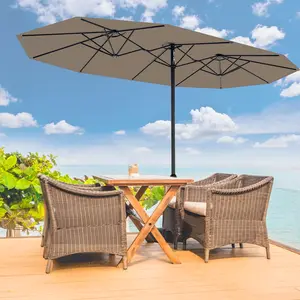 GARVEE 15FT Large Patio Umbrella with Base Included, Double-Sided Outdoor Market Rectangle Umbrellas Oversized Shade for 2-8 People, Weighted Base for Pool, Deck, Backyard (Tan)