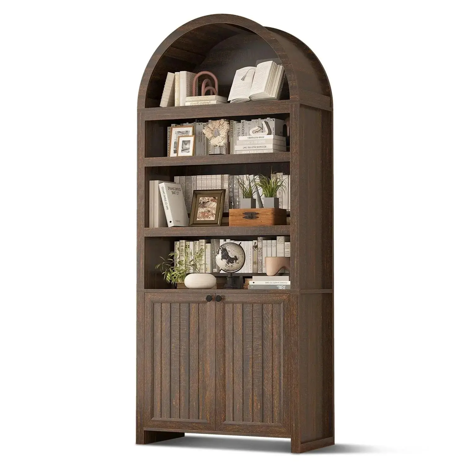 Sikaic 81 Inch Tall Arched 6 Tier Bookcase with Door, Walnut Mid Century Modern Bookshelf for Living Room and Home Office Storage Furniture