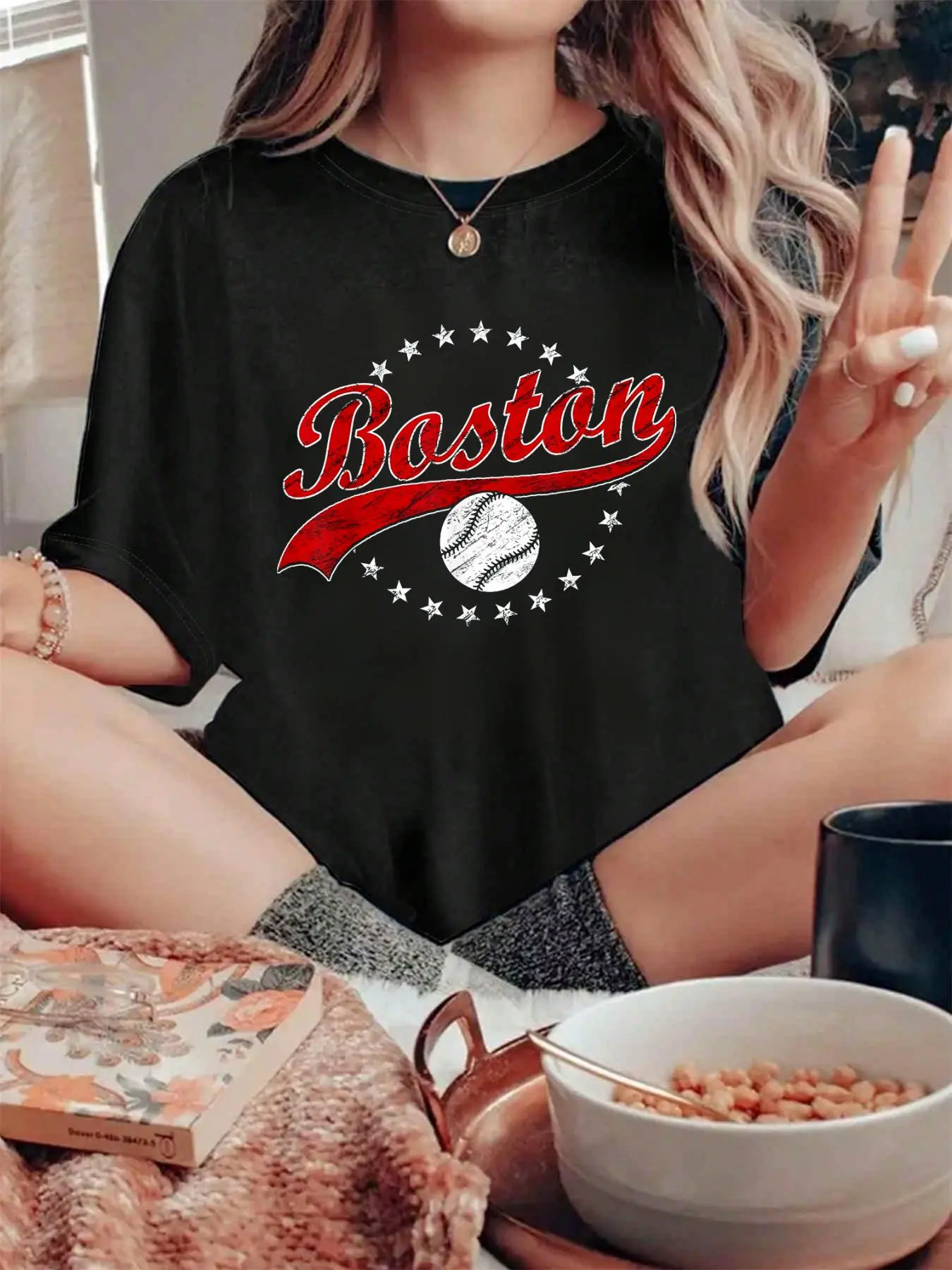 Women's 100% Pure Cotton Short-Sleeve Loose Style Top - Boston MA Vintage Sport Red Text Printed T-Shirt, Ideal for Casual Wear, Jackets, Shortsleeve