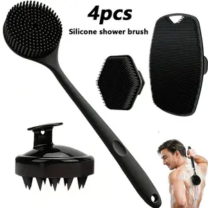 4-Piece Shower Brush Set, Back Face Body Scalp Massage, Gentle Exfoliating Long Handle, Soft Bristles, Non-Slip Grip, Deep Cleaning, Shower Essentials