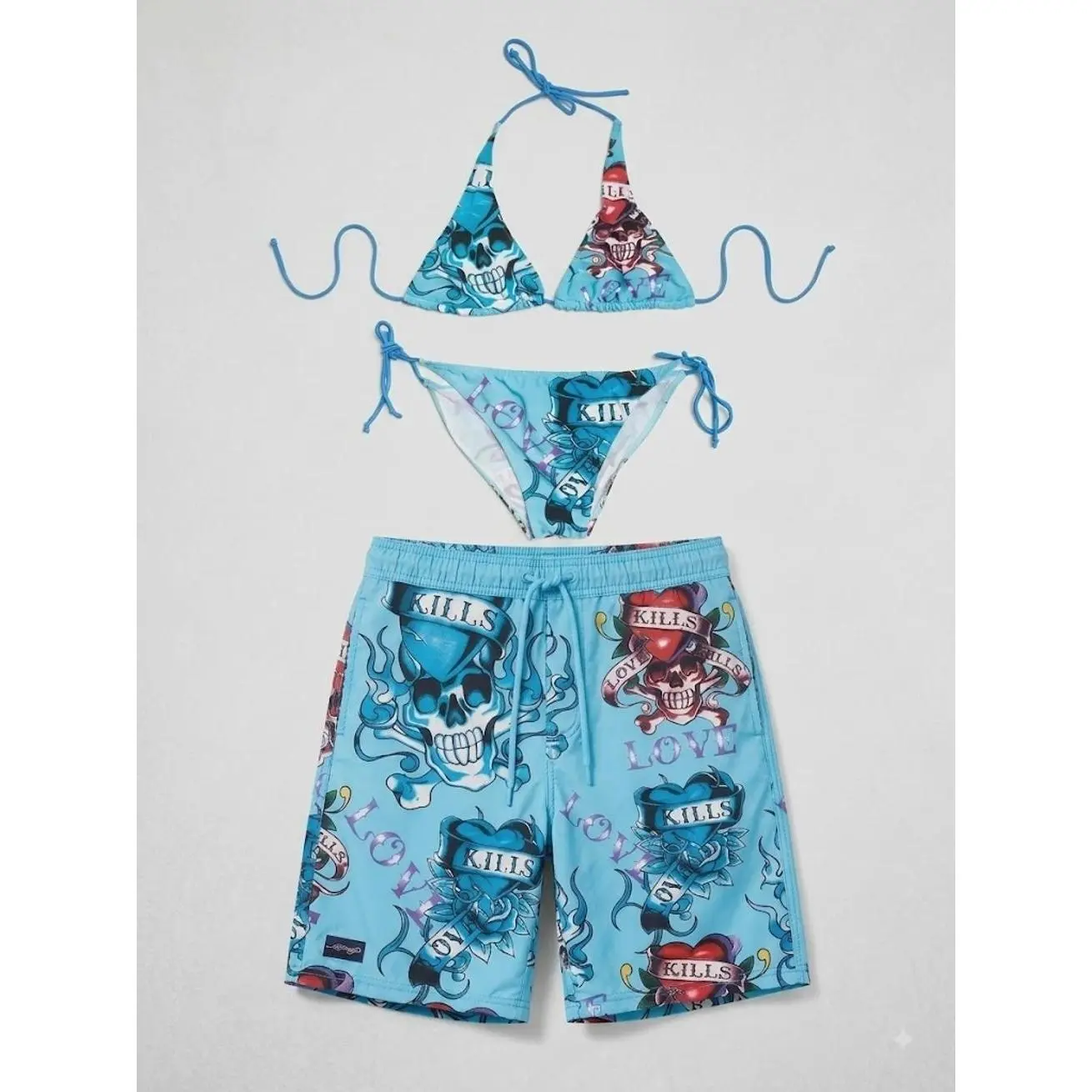 Skull Love Kills Matching Swimsuit Set – Women’s Bikini & Men’s Swim Trunks with Rose, Skull & Tattoo Style Graphic Print