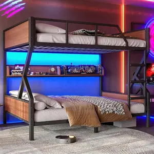 Full /Queen Bunk Bed, Metal Bunk Bed with Storage Shelves & LED Lights, Sturdy Space-Saving Twin Bunkbed, Teens, Dorm Room, Guest Room (Black)
