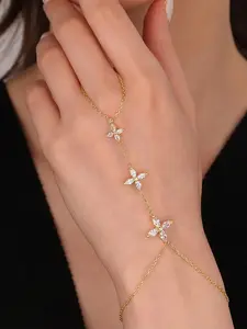 Women's Flower Zirconia Ring Finger Chain Bracelet, Elegant Water Drill Back Hand Jewelry Accessory, Fashionable Ladies' Handchain