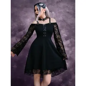 Women's Cold Shoulder Flounce Sleeve?Floral Lace Dress, Gothic Punk Style?Criss Cross Grommet Eyelet A Line Dress for Party Holiday, Ladies Clothes for All SeasonsGift