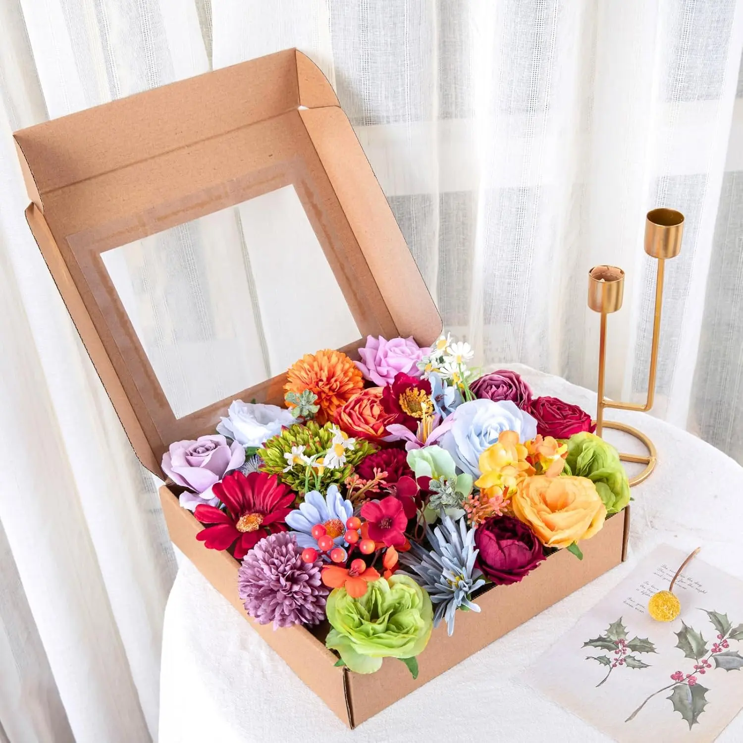 38pcs Bulk Mixed Colors Artificial Flowers with Wire Stems - Floral Decor for Handmade Craft, DIY Wedding Bouquets, Christmas Home Office Decor