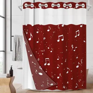 1pc hookless shower curtain with buckle lining, all-over red and white musical note design, 2D flat printing, waterproof fabric lining, see-through double-layer shower curtain, 71 x 74 inches, modern home draping curtain.