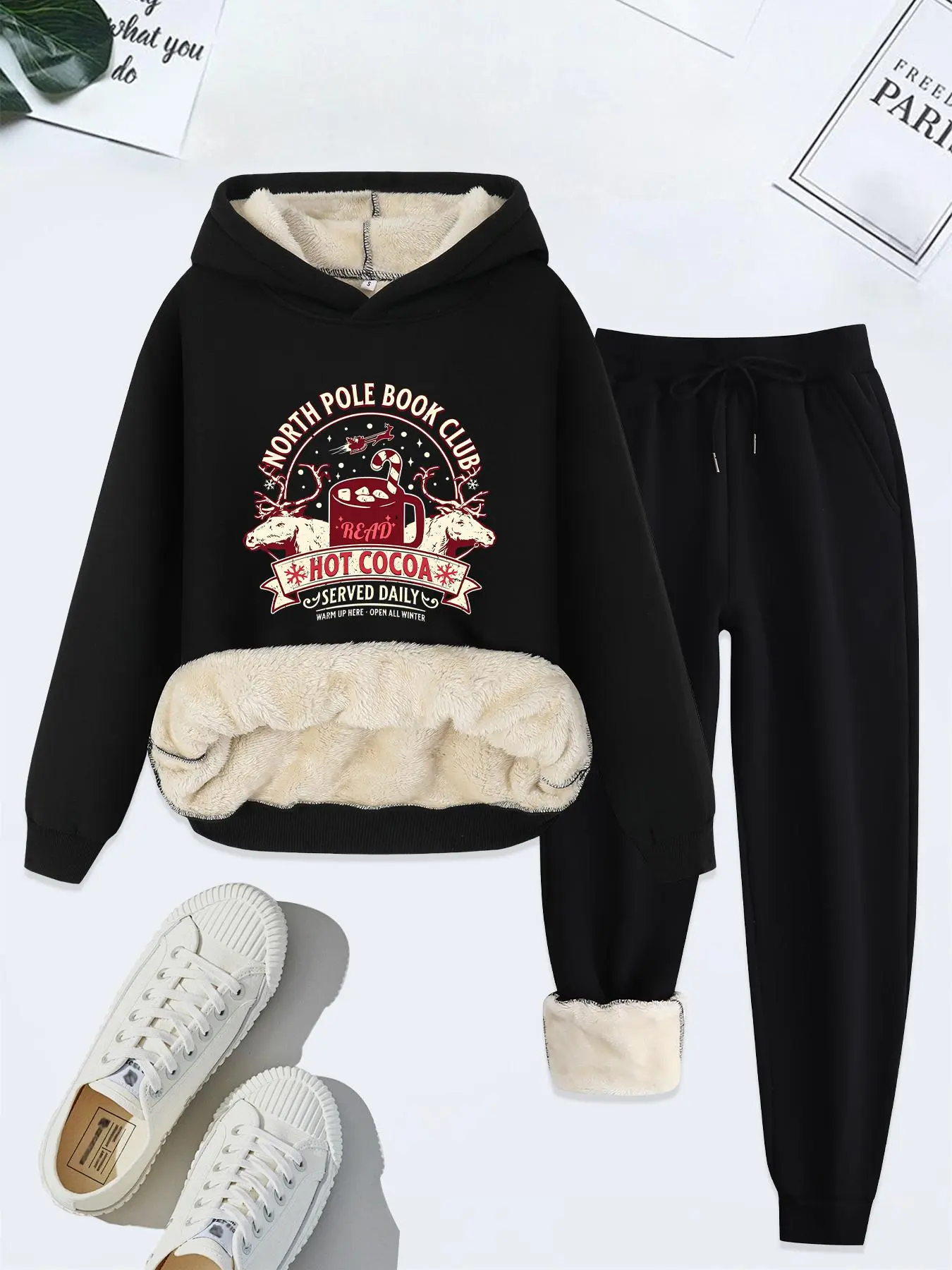 Women's Cartoon Letter Print Thermal Lined Hoodie & Drawstring Waist Sweatpants Set, Casual Long Sleeve Hooded Sweatshirt & Pocket Jogger Pants, Women's Fall & Winter Clothes