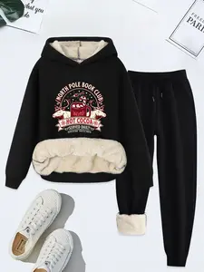 Women's Cartoon Letter Print Thermal Lined Hoodie & Drawstring Waist Sweatpants Set, Casual Long Sleeve Hooded Sweatshirt & Pocket Jogger Pants, Women's Fall & Winter Clothes