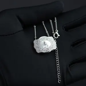 Initial Letter Pendant Necklace with Embossed Belt Buckle, 2 Chains Included, Rhodium Plated, Tarnish Resistant, 18" Extender Length