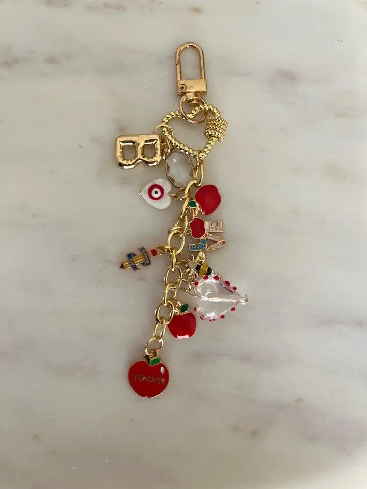 Cute Teacher Keychain - Custom Apple Charm, Gold-tone Hardware, Lightweight, School-Themed Charms, Teacher Appreciation Gift, End of Year Present