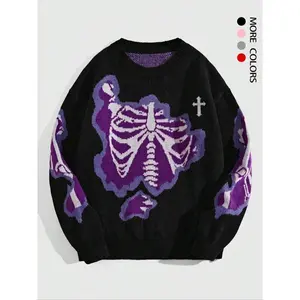 Men’s skeleton print drop-shoulder sweater, loose casual long-sleeve crewneck jumper for fall and winter, fashionable men’s knitwear for everyday wear — menswear tops