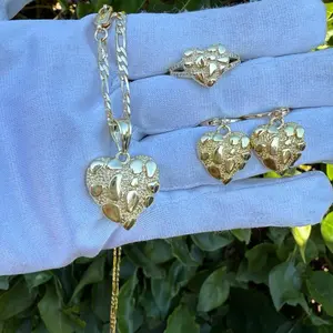 Heart Nugget Necklace and Earring Set Gold Plated with Unique Textured Design for Stylish Accessories