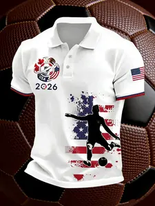 2026 Men's Football Print Short Sleeve Polo Shirt, American Fan Style Summer Fashion Casual Top, Fitted Design for Comfortable Wear