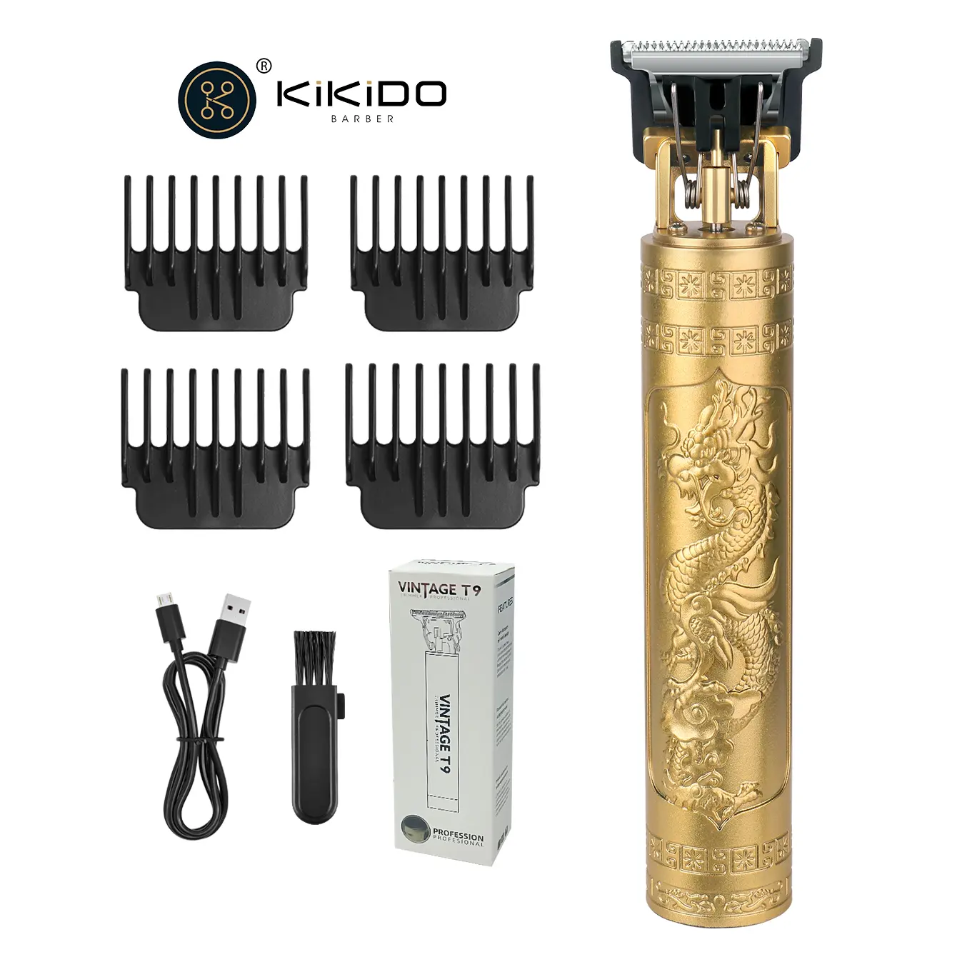 KiKiDO Vintage T9 Professional Men’s Hair Clipper Trimmer – Cordless USB Rechargeable Gold Dragon Style for Precise Fades, Beards & Barbershop Use