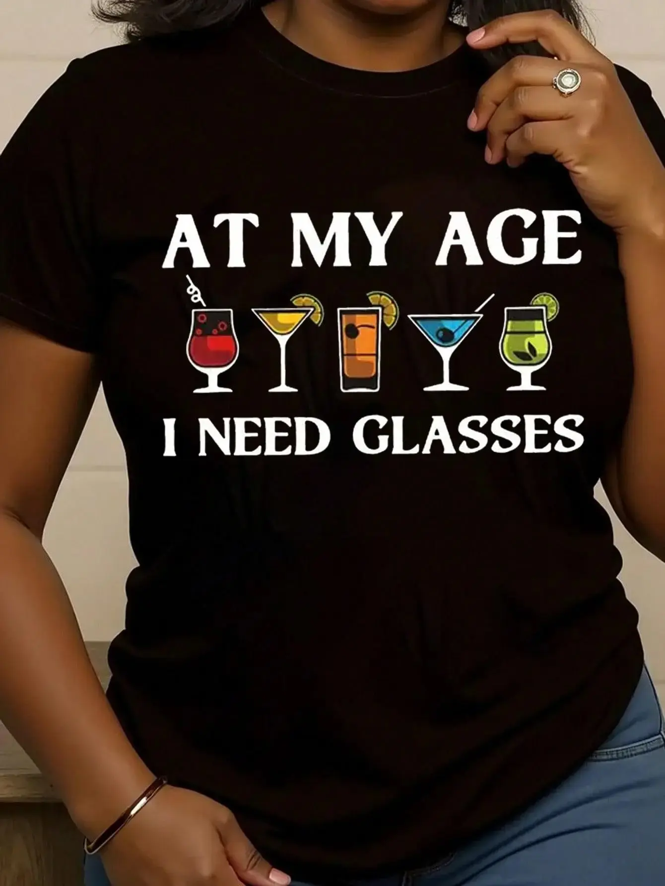 Women's Cotton Printed Short-Sleeve T-Shirt - Casual Round Neck Spring/Summer Clothing Top with "As For My Age, I Need Glasses" Graphic