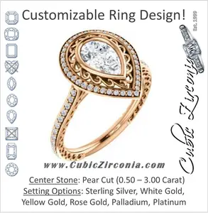 Cubic Zirconia Engagement Ring- The Sydney Ava (Customizable Cathedral-Bezel Pear Cut Filigreed Design with Halo & Pavé Accents)