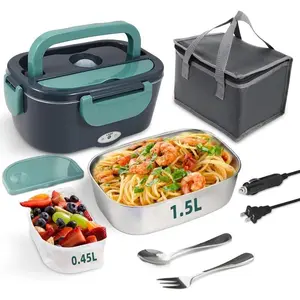 [New Deal] Electric Lunch Box Food Heater 80W Portable Warmer 304 Stainless Steel Container 12V/24V/110V Green Heated for Car Truck Work - Tableware Fruit Leakproof Thermal