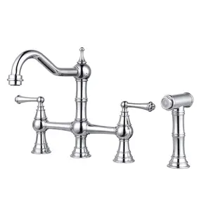 WOWOW Vintage 8-in High Arc 4-Hole Centerset Brass Bridge Kitchen Faucet, Solid Brass Farmhouse Sink Faucet with Side Sprayer and Water Control, Chrome