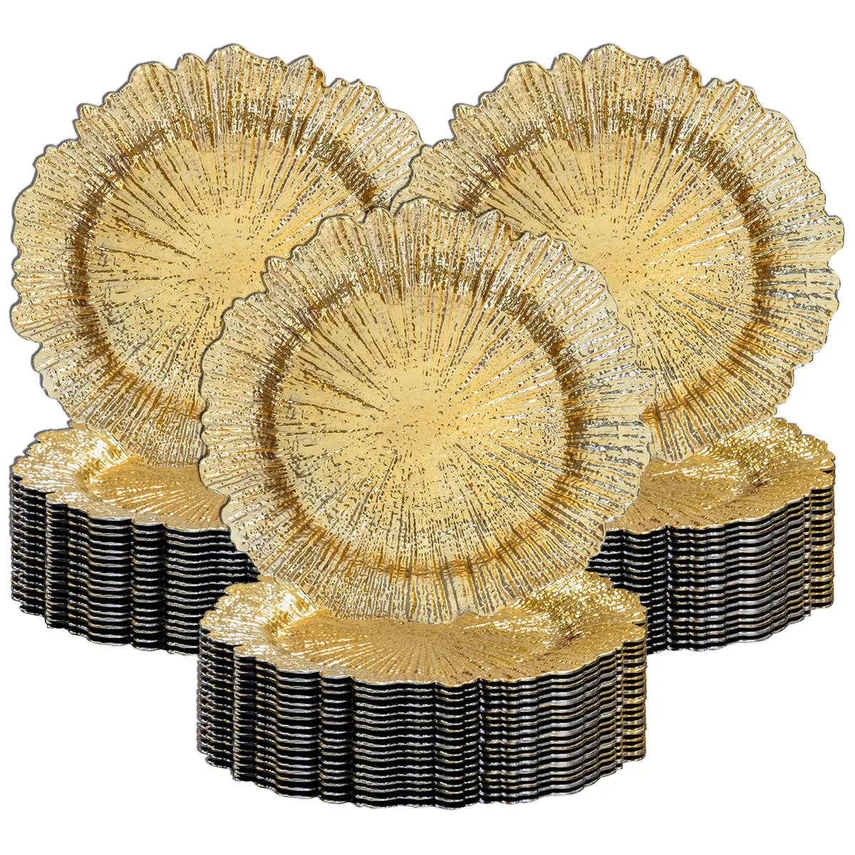 MAONAME 13" Gold Charger Plates Plating Round Reef Chargers Plastic Plate Chargers for Dinner Table Setting, Wedding Decor (6-96PCS Set) Tableware Dinnerware Sets