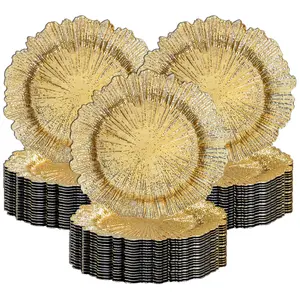 MAONAME 13" Gold Charger Plates Plating Round Reef Chargers Plastic Plate Chargers for Dinner Table Setting, Wedding Decor (6-96PCS Set)