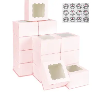 24set/48set Pink Bakery Boxes with Window, White Paperboard Treat Boxes for Cookies, Pastry, Cookies, Strawberries, Macarons