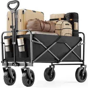 Collapsible Wagon Cart Foldable, Heavy Duty Folding Wagon with All Terrain Wheels, 120L & 360LBS Lightweight Utility Shopping Cart for Beach Garden Grocery Sports, New Black