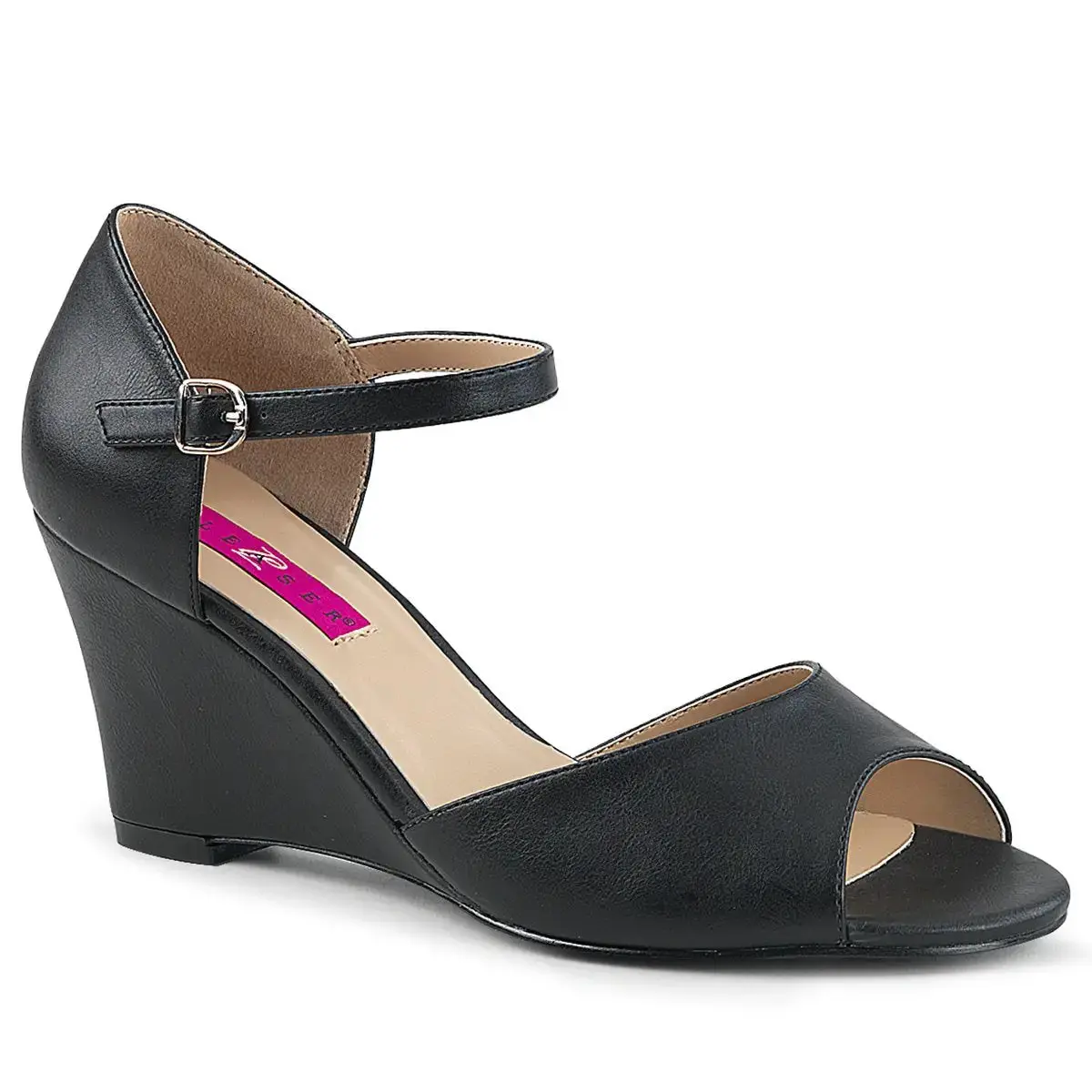 Pleaser Pink Label Kimberly-05 Women's Ankle Strap Wedge Peep Toe Sandal Black Vegan Leather