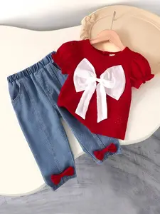 Baby Girl Cute Contrast Lace Bow Blouse + 3D Butterfly Knot Washed Denim Jeans Set, Summer Korean Style, Casual Daily Wear