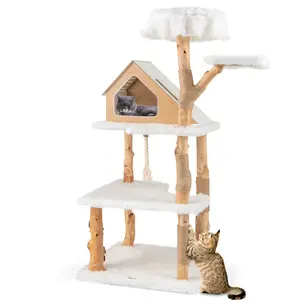 COSTWAY - 60 Inch Tall Solid Wood Cat Tree Modern Wooden Cat Tower with 2 Perches-White
