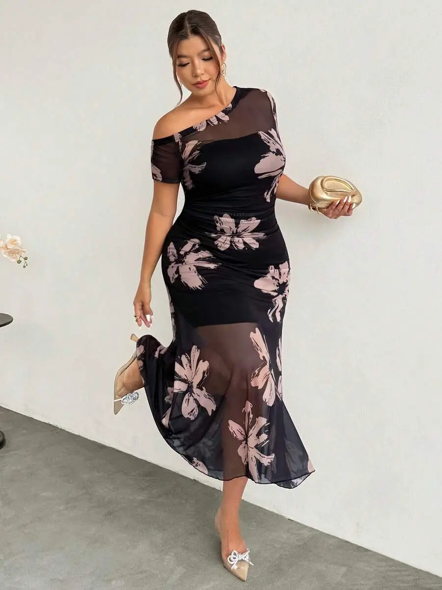 ZENIE Plus Size Elegant Floral Print Mesh Patchwork Asymmetrical Shoulder Dress Summer Wedding Guest Mother Day