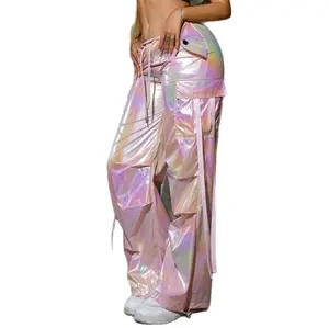 Women's Holographic Pink Parachute Cargo Pants with Tape Drawstring Waist and Wide Leg - Bottom, Womenswear
