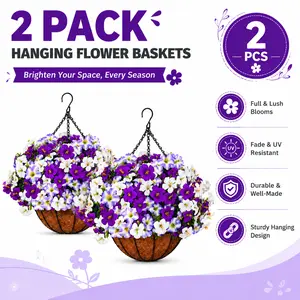 Full Lush UV Resistant Artificial Petunia Hanging Baskets - 2 Pack, Weatherproof No-Fade Flowers, Instant Front Porch & Backyard Glow Up