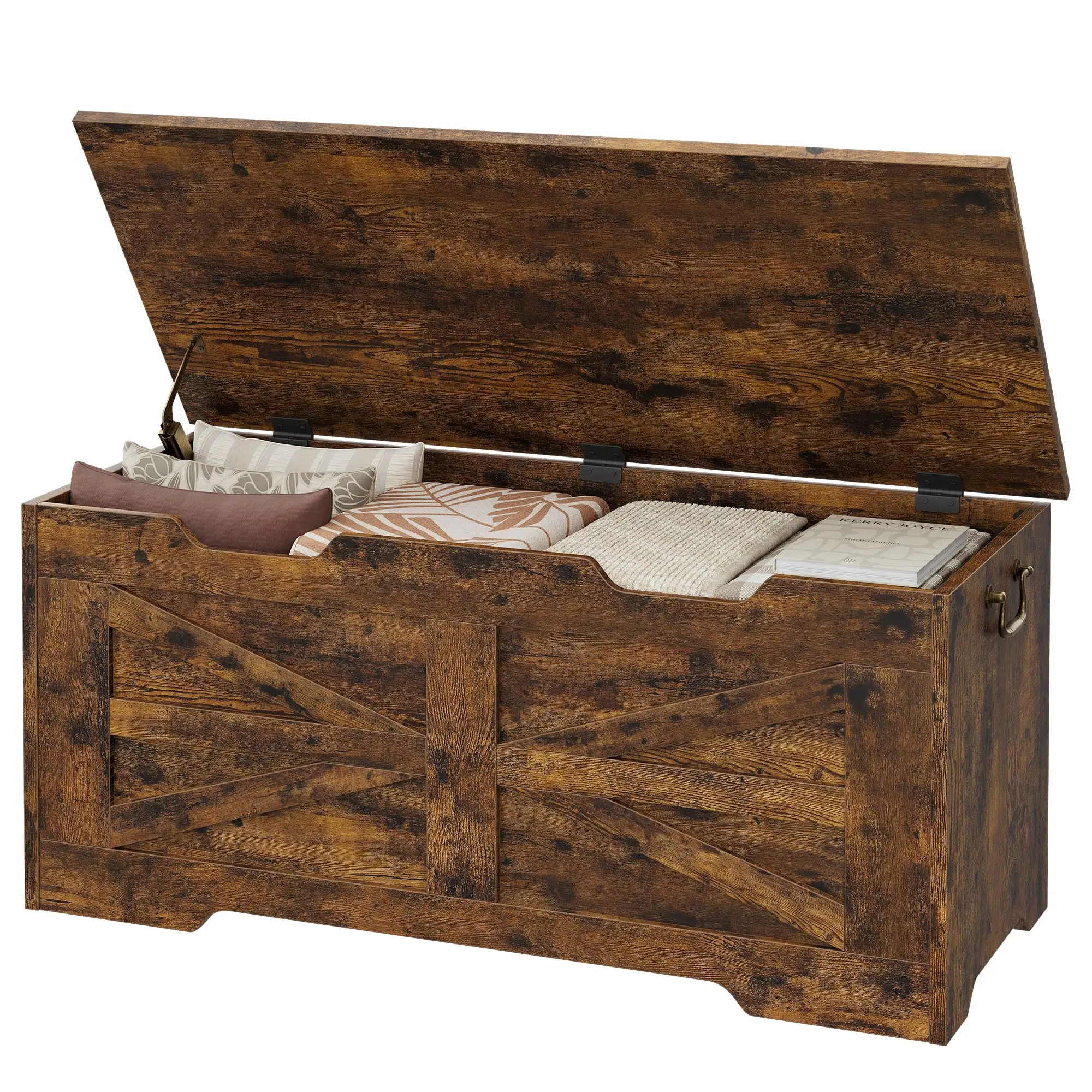 Rustic Brown 39.4" Wooden Storage Chest, Flip Top Bench with Safety Hinge – 350 lb Capacity Blanket Trunk for Entryway, Living Room or Bedroom hand weight backyard decor metal structure crank compatible Outdoor Rattan Conversation Furniture Set plate