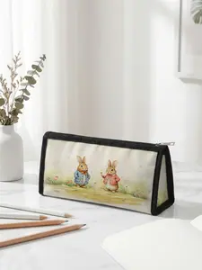1 piece of Easter limited edition pencil case with 2D printed rabbit spring scene design, ergonomic triangular capacity for portable size|Perfect for students in class/office organization, blending festive atmosphere with practicality