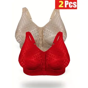2pcs Middle-Aged and Elderly Wire-Free Front-Closure Bra, Push-Up Bra, Mom's Underwear, No Padding, Vest-Style Bra, Triangle Lace Bra, Mom's Underwear, Grandma's Comfortable Bra, Lightweight No-Padded Bra, Thin and Non-Restrictive, Solid Color