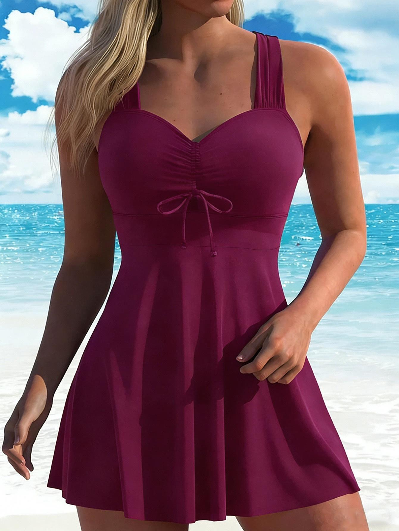 Women's Plants Print V Neck Swimdress & Tankini Set, Casual Sleeveless Swim Dress & Swim Top Two-piece Swimsuit, Floral Print Swimsuits for Beach Holiday Vacation, Ladies Swimwear for All Seasons