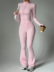 Silky soft two-piece tracksuit with zip-up long-sleeved jacket and high-waisted flared yoga pants