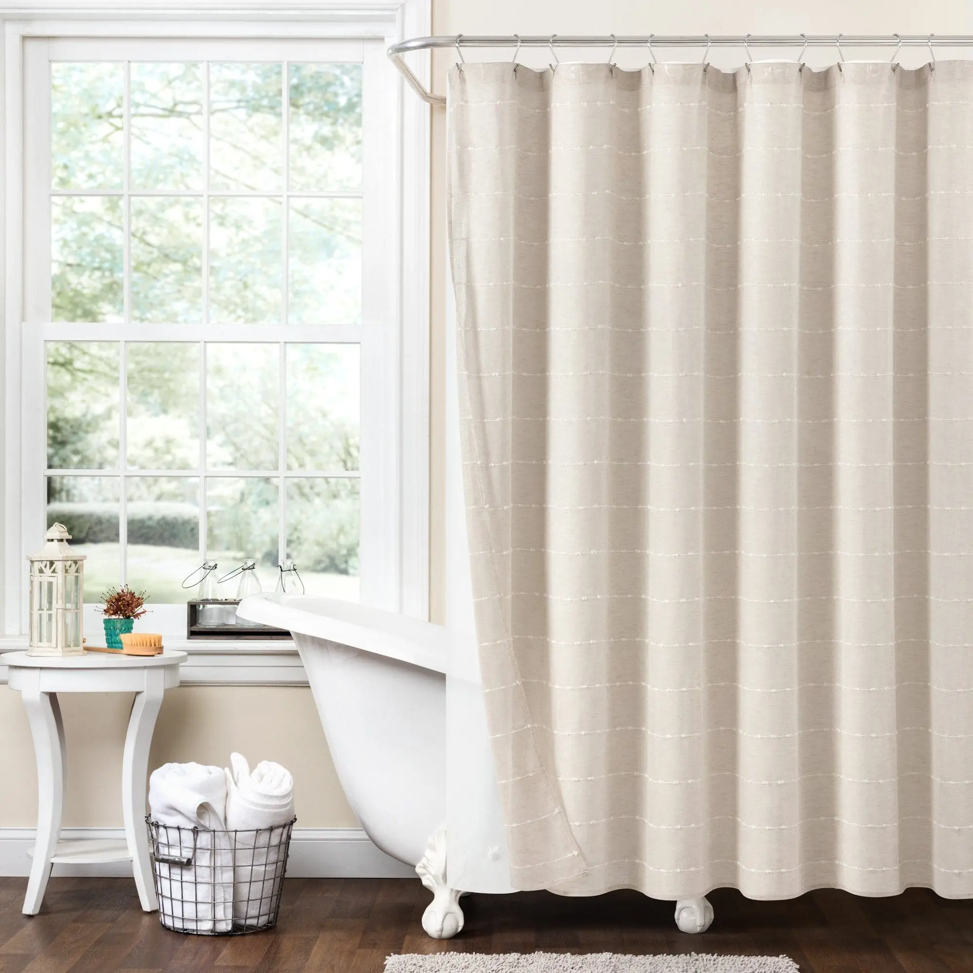 Lush Decor Farmhouse Textured Sheer Shower Curtain Set with PEVA Shower Curtain Liner, 72x72 Tufted Stripe Waterproof Bathroom Supply