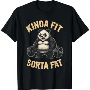 100% Cotton Printed Street-Style T-Shirt Kinda Fit Sorta Fat Funny Gym Panda Weightlifting Workout T-Shirt