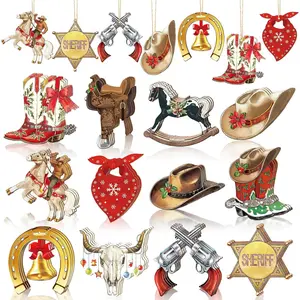 36 count Western Christmas Ornaments Wooden Cowboy Western Ornaments for Christmas Tree Decorations Cowboy Xmas Decor Hat Boots Horse Cutouts  Crafts for Farmhouse  Wreath Indoor Party