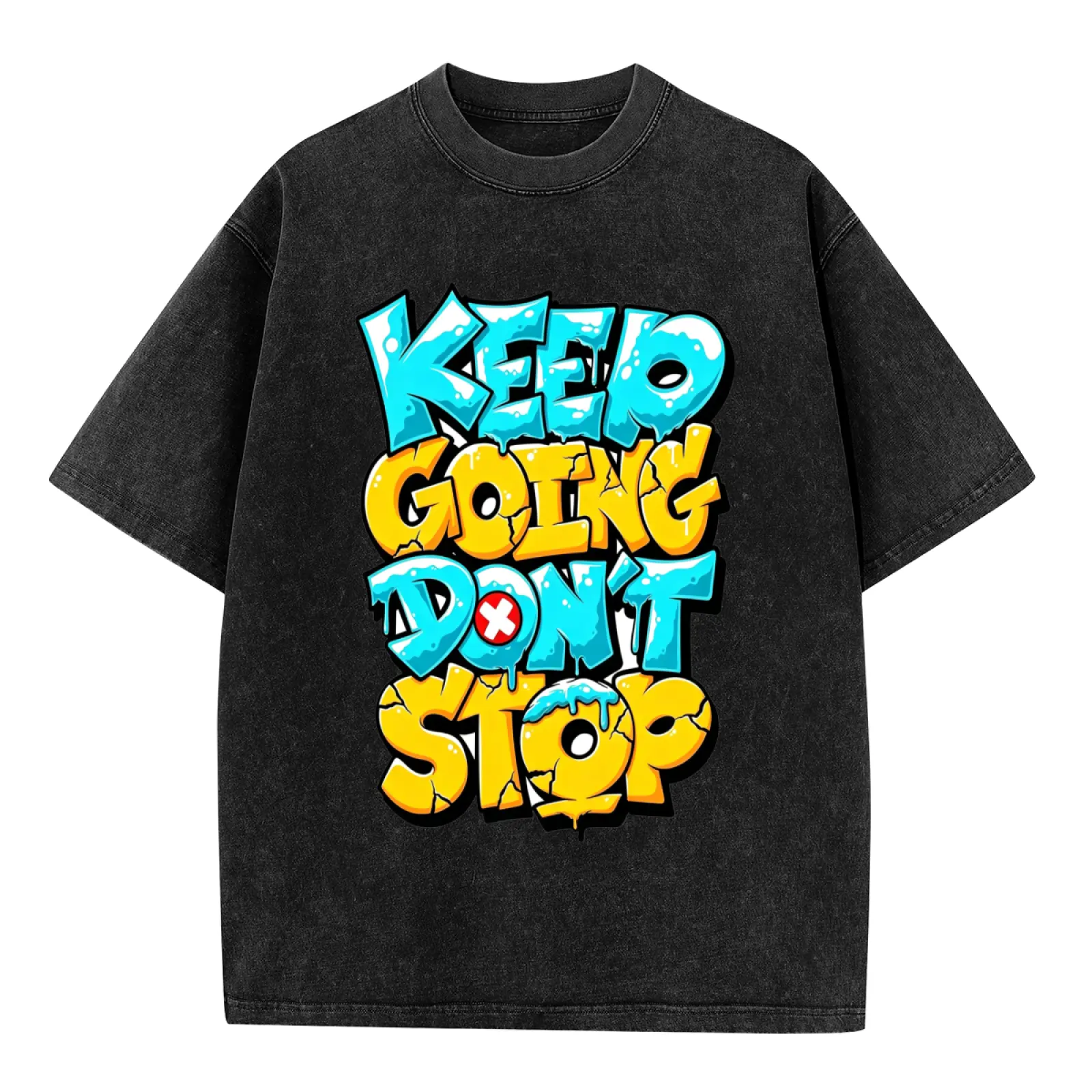 Vintage Washed T Shirt Keep Going Don't Stop Graffiti Streetwear Oversized Cotton Tee Hip Hop Motivational Graphic T-Shirt For Men Women