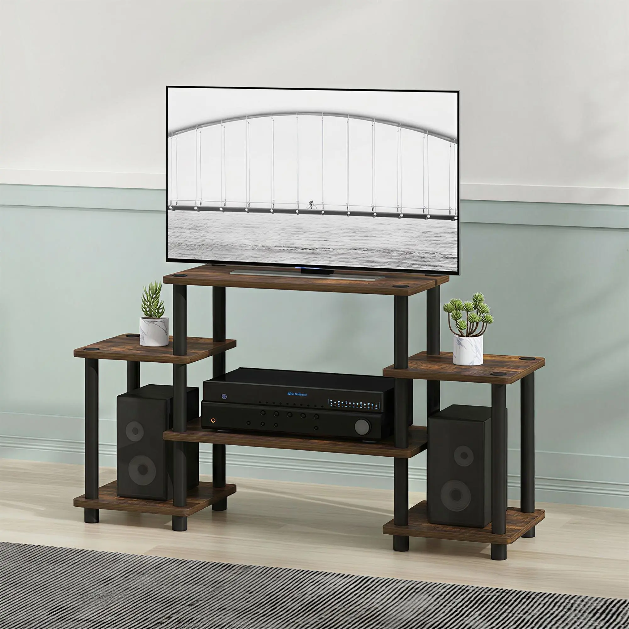 TURN-N-TUBE TV Stand, Entertainment Center with Open Shelves, TV Console with Raised Top for TV up to 31.5 Inch, for Living Room, Bedroom, Amber Pine, Space-Saving TV Stand and Media Console for Living Room, Bedroom or Apartment