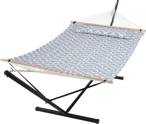 55 Inch Extra Large Double Hammock with Stand, 475lbs Capacity, Outdoor Portable Hammock with Hardwood Spreader Bar, Extra Large Pillow, Grey