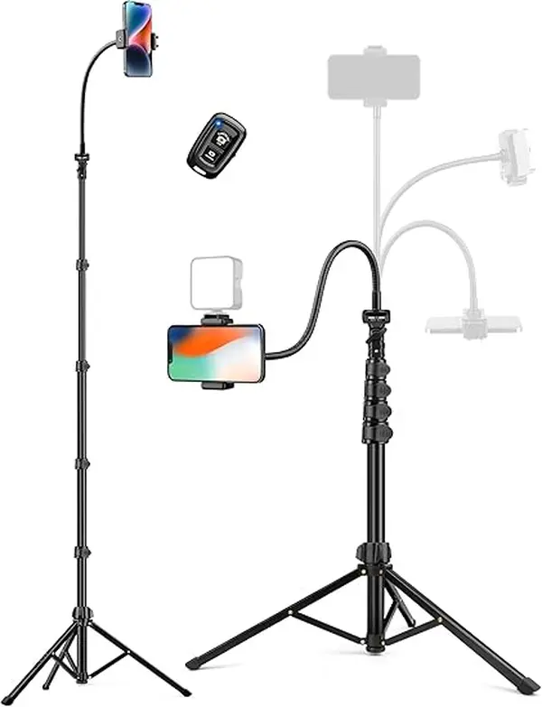 86 in Adjustable Aluminium Tripod Selfie Stand with Flexible Gooseneck and Remote - Mobile Phone Accessory for iPhone/Android Smartphones