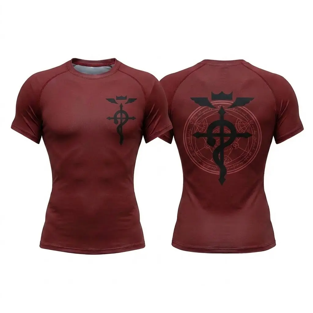 Fullmetal Alchemist Flamel Snake Cross Graphic Compression Shirt, Dark Red Short Sleeve Mens Rash Guard, Transmutation Circle Cosplay Workout Top, Tight Fit Quick Dry Base Layer, Bodybuilding Running Fitness Gym Tee Gift
