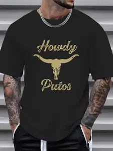 100% Cotton Howdy Putos Bull Skull Country Cowboy Western Graphic T-Shirt, Graphic T Shirts - Printed Short Sleeve T-Shirt Top
