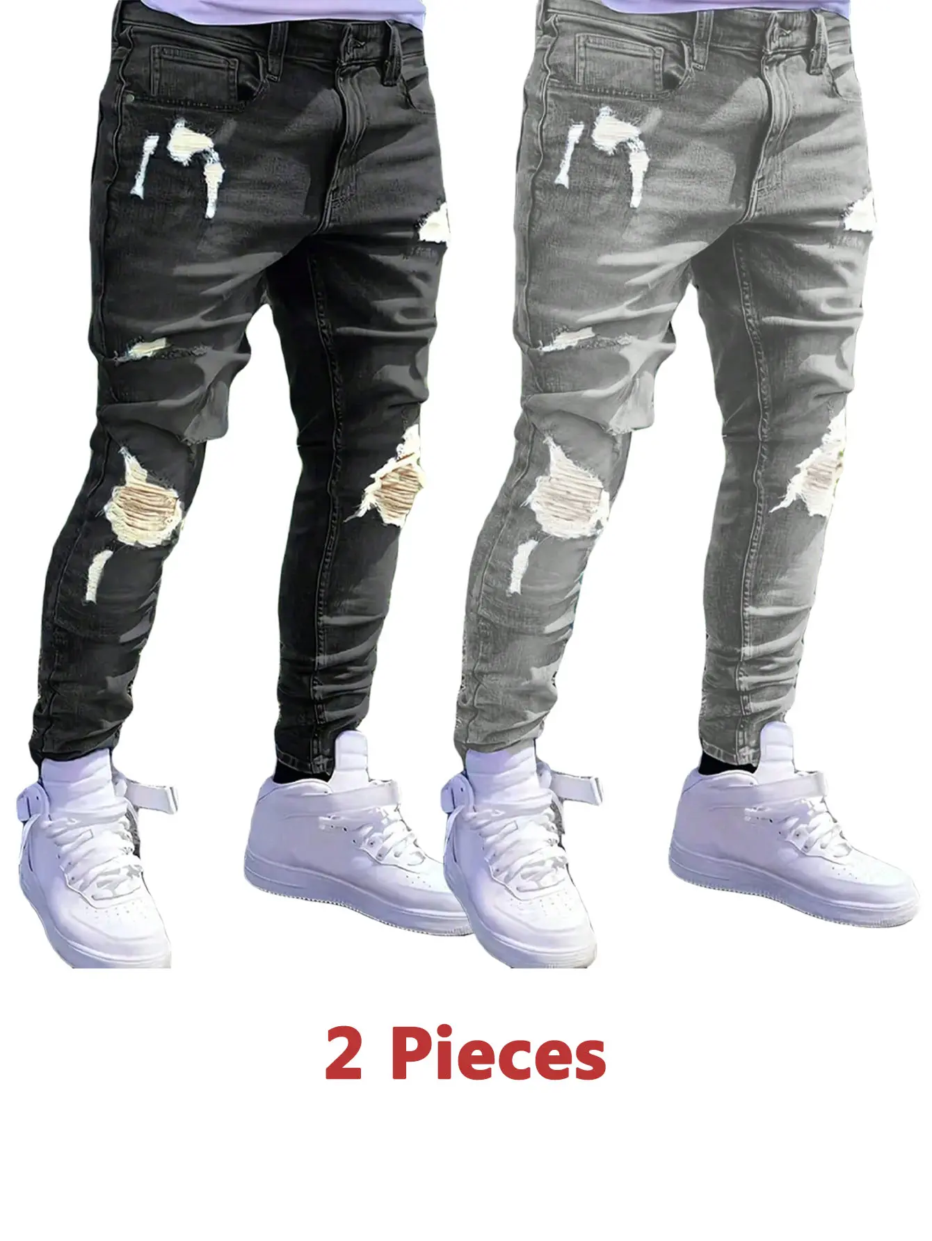 2 Pieces Men's Stretchy Jeans Black & Grey Slim Fit Casual Pants Ripped Menswear Trousers Breathable Denim Pants Comfortable Streetwear