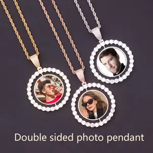 Hip Hop Jewelry Rotating Double-sided Photo Picture Memory Pendant Necklace Circular Picture Frame Pendants for Men