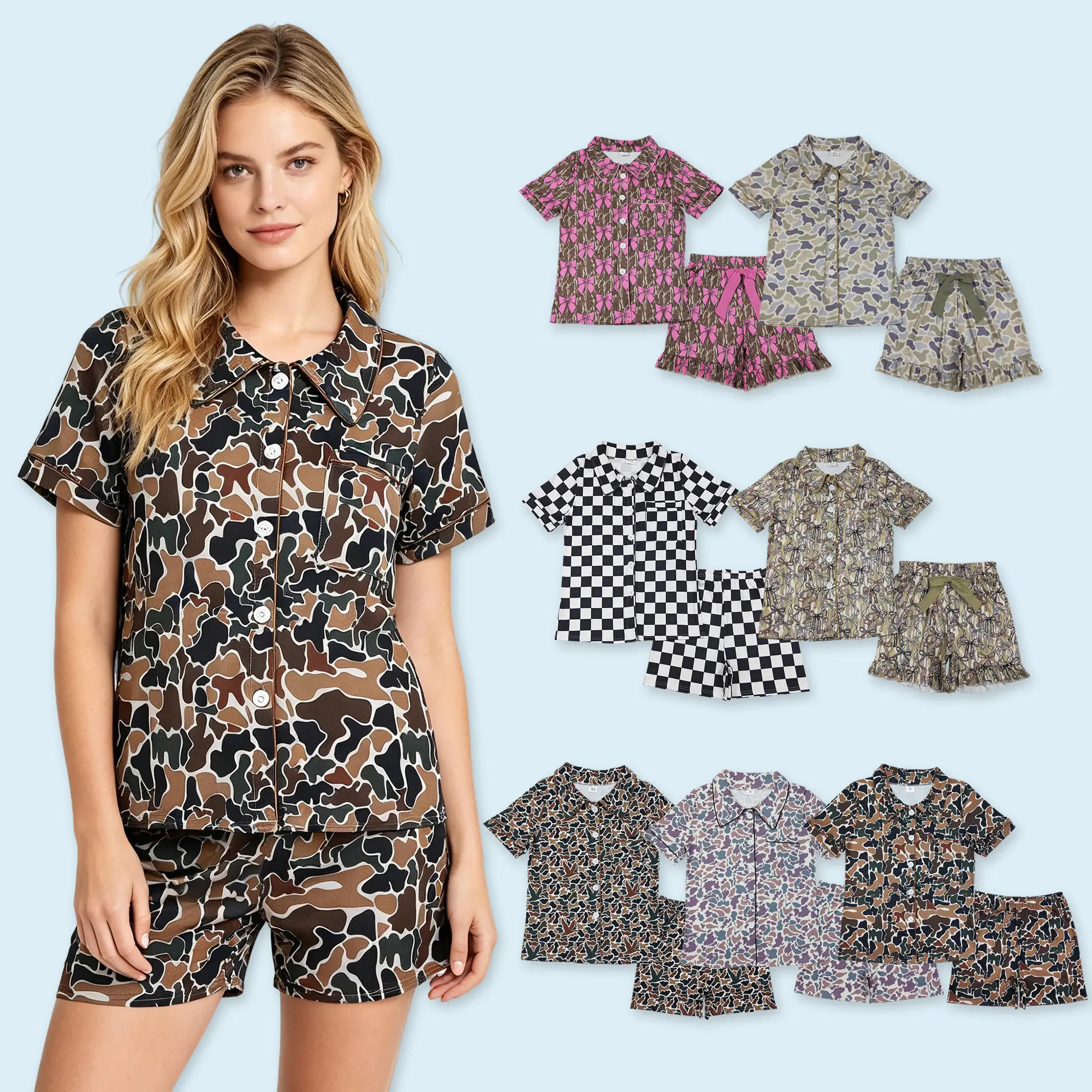 Adult women camouflage short sleeve summer sleepwear pajama set soft casual wear suit